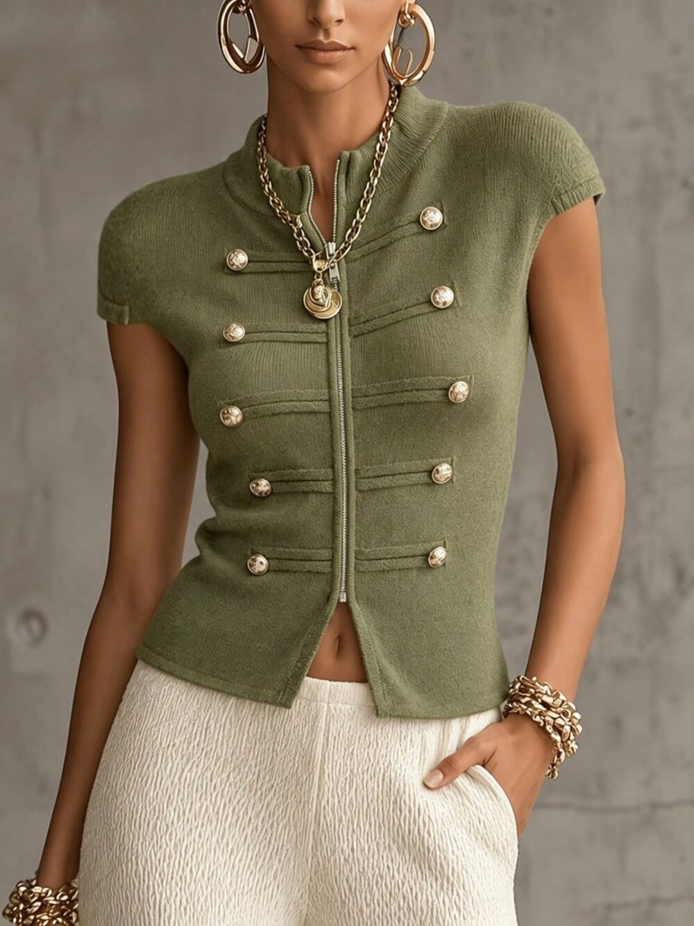 Army Green Casual Women's Double-Breasted Rhinestone Stand Collar Zip Knit Vest